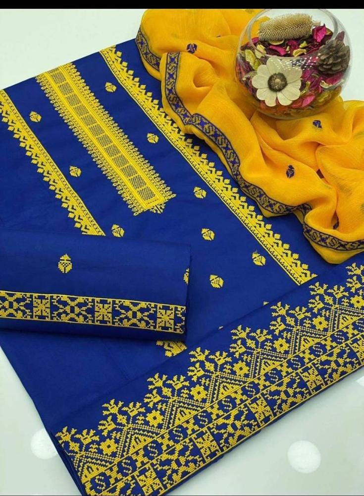 3 Pcs Women's Unstitched Cotton Lawn Embroidered Suit